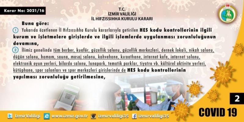 İzmir İl Hıfzıssıhha Kurulundan geniş çaplı ‘HES’ kodu kararı

