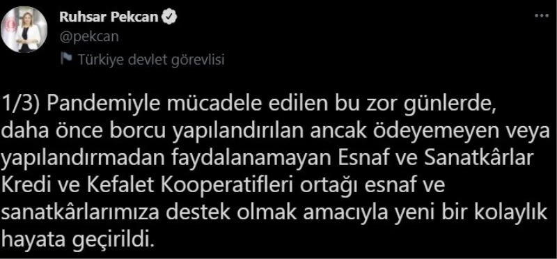 Bakan Pekcan, esnaf borçlarının yapılandırılmasına başlandığını duyurdu
