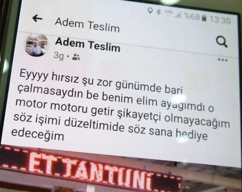 Balıkesirli lokantacı, motorunu çalan hırsıza sosyal medyadan mesaj yazdı
