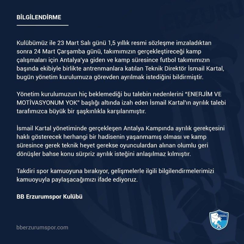 BB Erzurumspor’dan İsmail Kartal’ın istifası hakkında açıklama