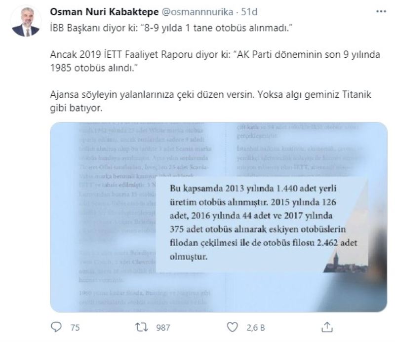 Osman Nuri Kabaktepe’den Ekrem İmamoğlu’na yanıt: “Algı geminiz Titanik gibi batıyor”
