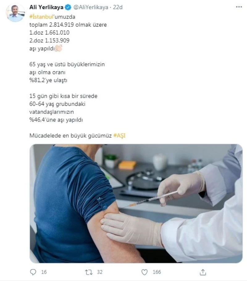 İstanbul Valisi Yerlikaya: ”İstanbul’da toplam 2 milyon 814 bin 919 doz aşı yapıldı