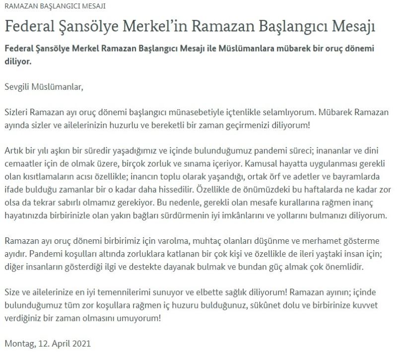 Almanya Başbakanı Merkel’den Türkçe Ramazan mesajı
