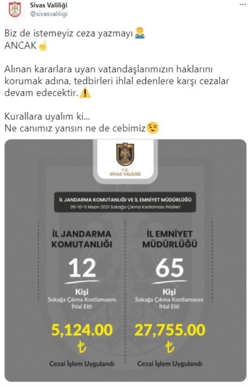 Sivas’ta sokağa çıkma kısıtlamasına uymayan 77 kişiye cezai işlem uygulandı
