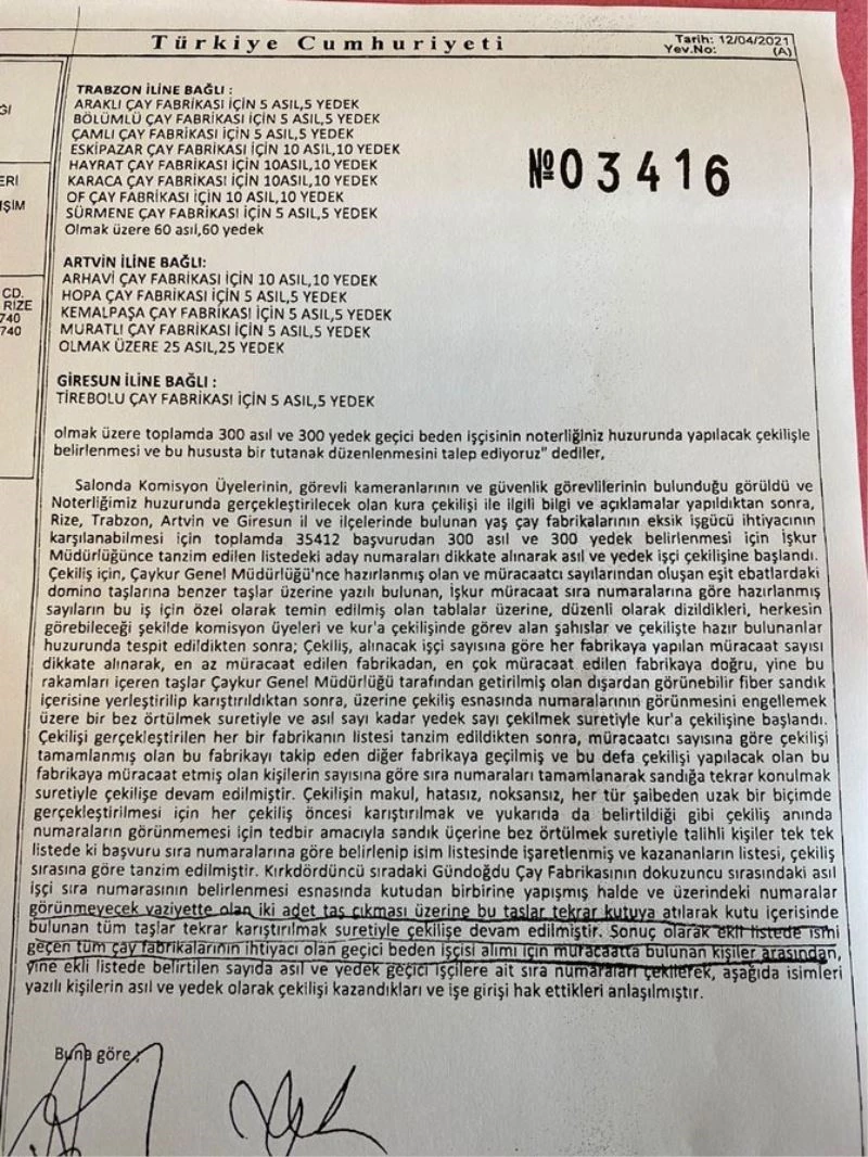 ÇAYKUR’daki kura çekimindeki hile iddialarına Türkiye Noterler Birliği’nden açıklama
