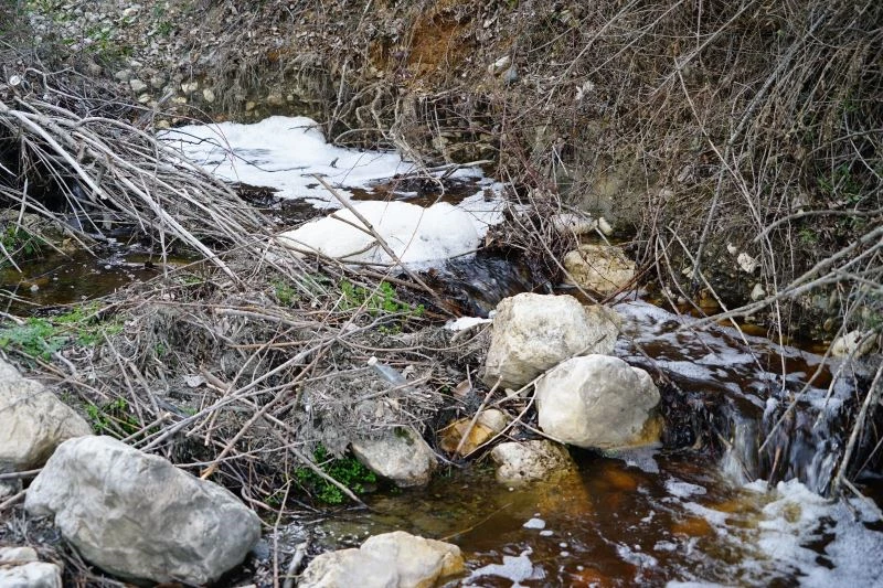 Derenin suyu kahverengi ve köpüklü akıyor

