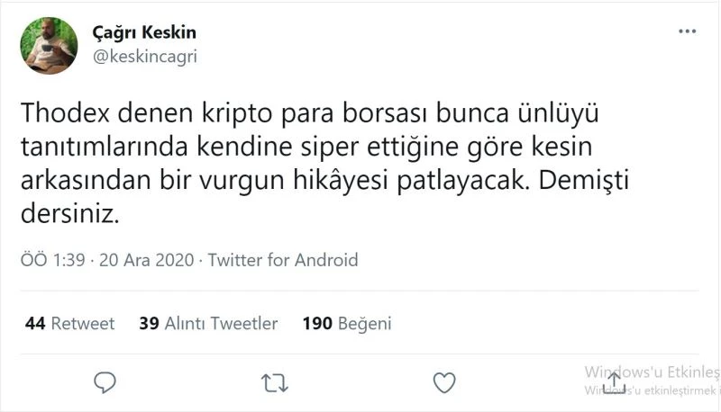 4 ay öncesinden Thodex firmasının dolandırıcı olabileceğini bildi
