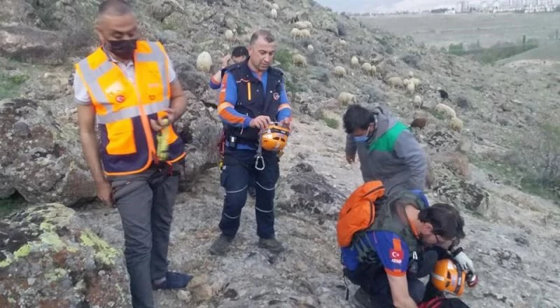 Uçurumda mahsur kalan koyunu ve sahibini ekipler kurtardı
