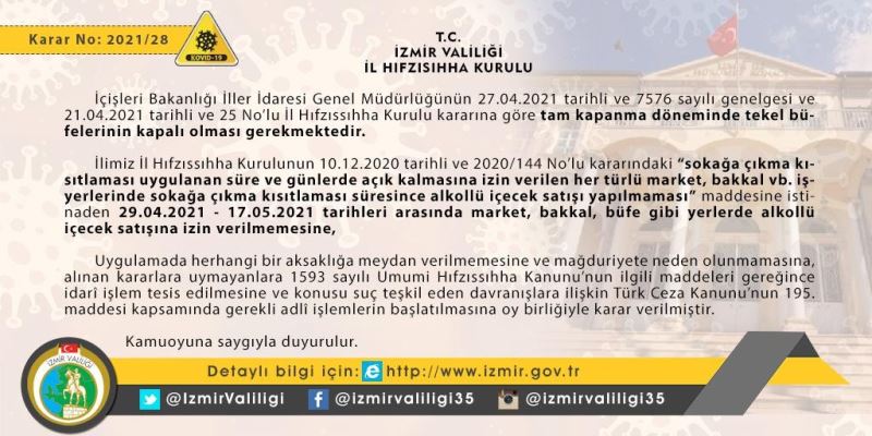 İzmir Valiliğinden ‘alkol satışına’ yönelik uyarı
