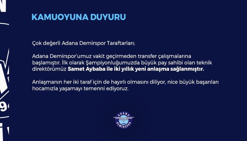 Adana Demirspor, Samet Aybaba ile yola devam edecek
