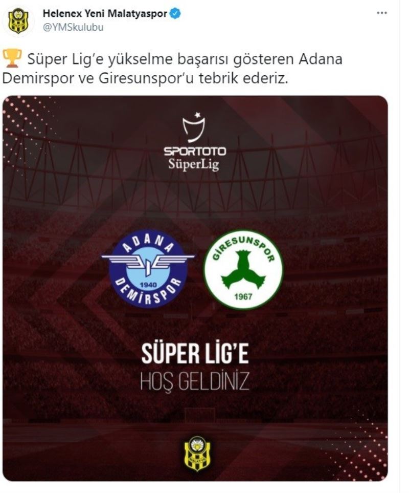 Yeni Malatyaspor’dan Süper Lig’in yeni ekiplerine tebrik
