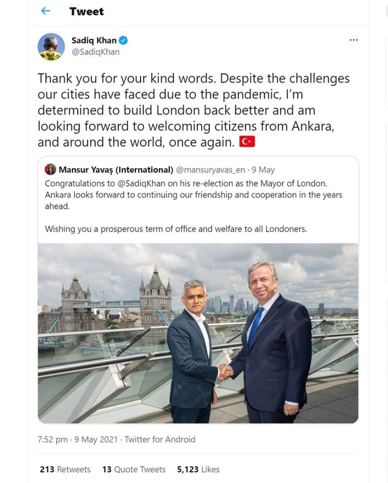 Başkan Yavaş, Londra Belediye Başkanı olarak seçilen Sadıq Khan’ı tebrik etti
