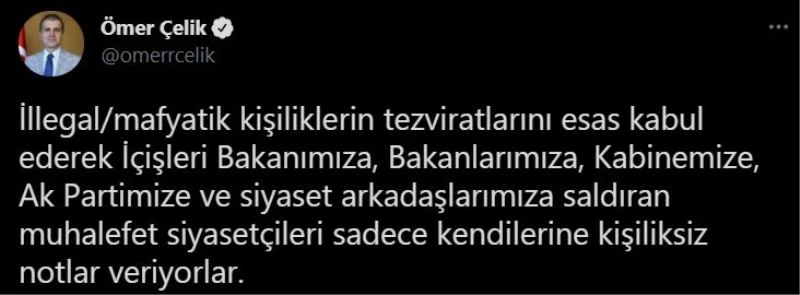 AK Parti Sözcüsü Çelik: “İçişleri Bakanımızı, kabinemizi ve partimizi bir suç örgütü üyesinin laflarıyla hedef alanları şiddetle kınıyoruz”
