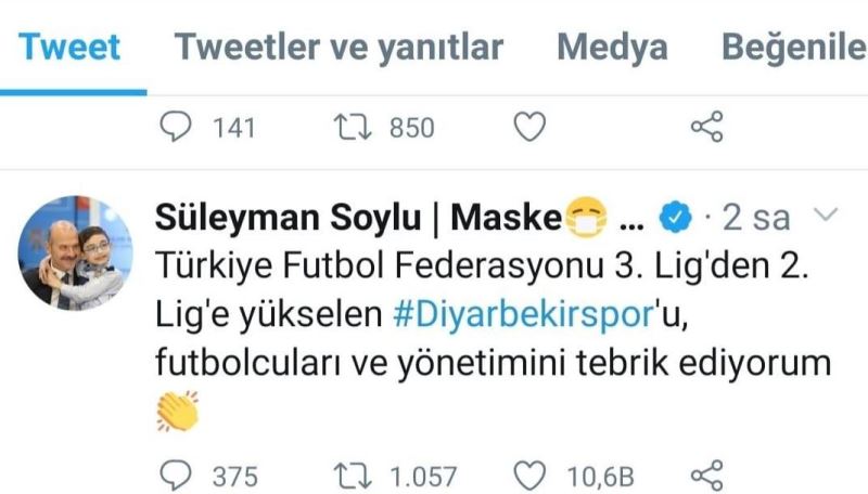 Bakan Soylu şampiyon Diyarbekirspor’u tebrik etti
