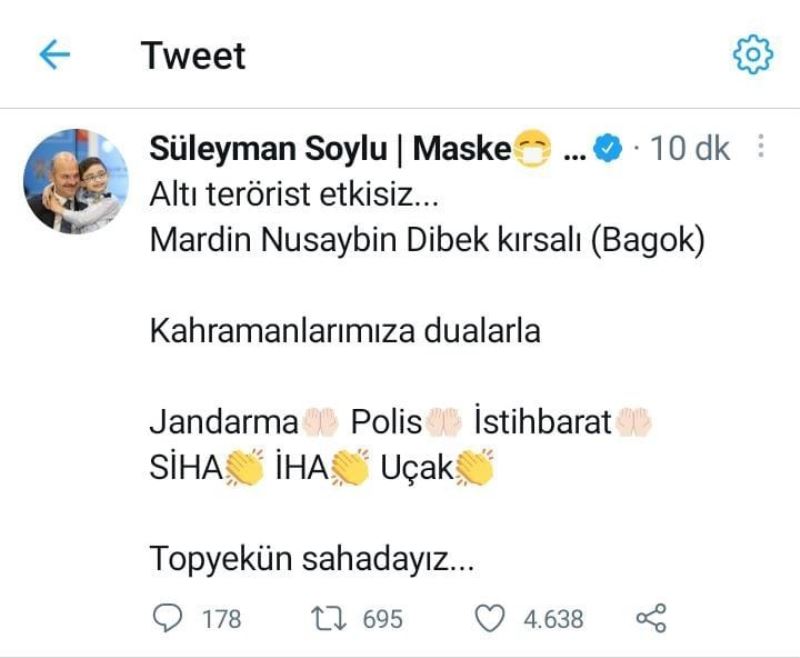 Bakan Soylu sosyal medya hesabından duyurdu: Mardin’de 6 terörist etkisiz hale getirildi
