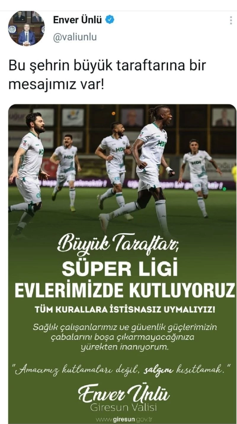Vali Ünlü’den Giresunspor taraftarlarına “Amacımız kutlamaları değil, salgını kısıtlamak” mesajı