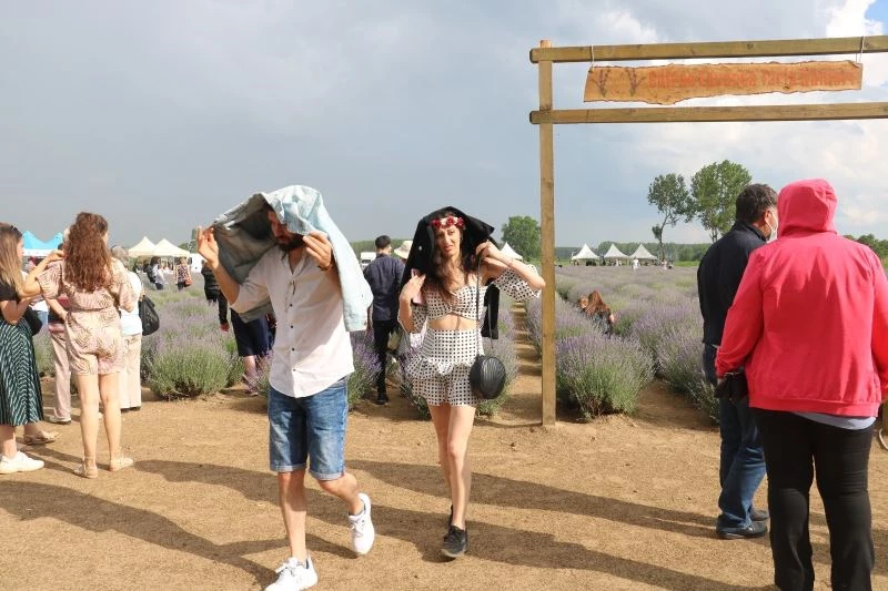 Lavanta tarlasında fotoğraf tutkusu yağmur dinlemedi
