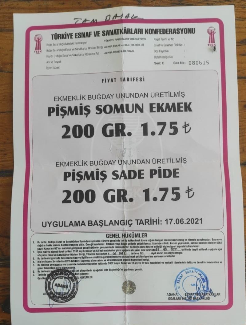 Adana’da ekmeğin fiyatı 1.75 TL oldu
