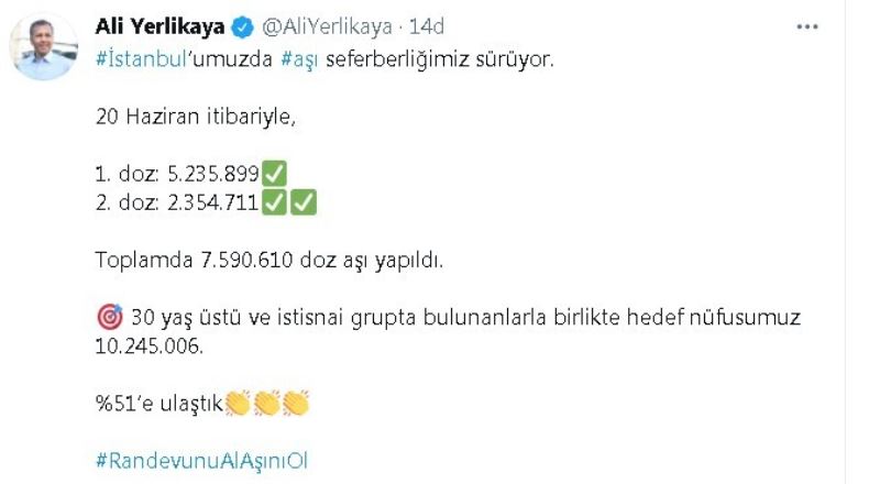 İstanbul Valisi Ali Yerlikaya:”20 Haziran itibariyle, toplamda 7.590.610 doz aşı yapıldı”
