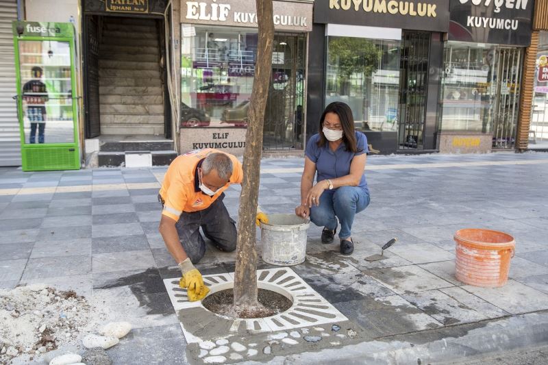 Akdeniz’de kaldırımlar yenileniyor, ağaç diplerine kompozit ızgara yerleştiriliyor
