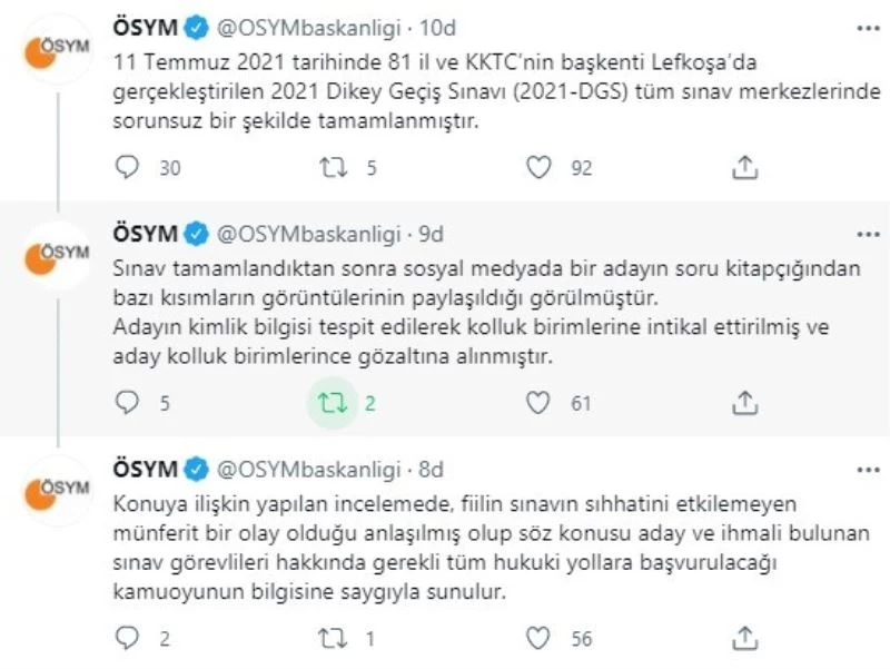 ÖSYM’den, 2021-DGS soru kitapçığının bir bölümünü sosyal medyada paylaşan aday ile ilgili açıklama
