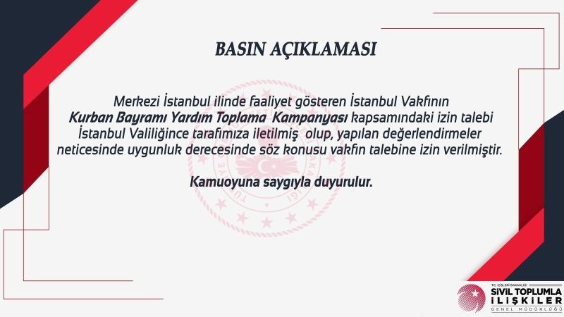 İstanbul Vakfı’nın kurban kampanyası izin başvurusu kabul edildi
