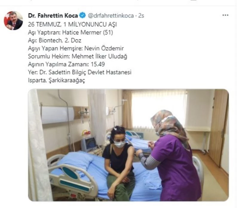 1 milyonuncu aşı Isparta’da uygulandı
