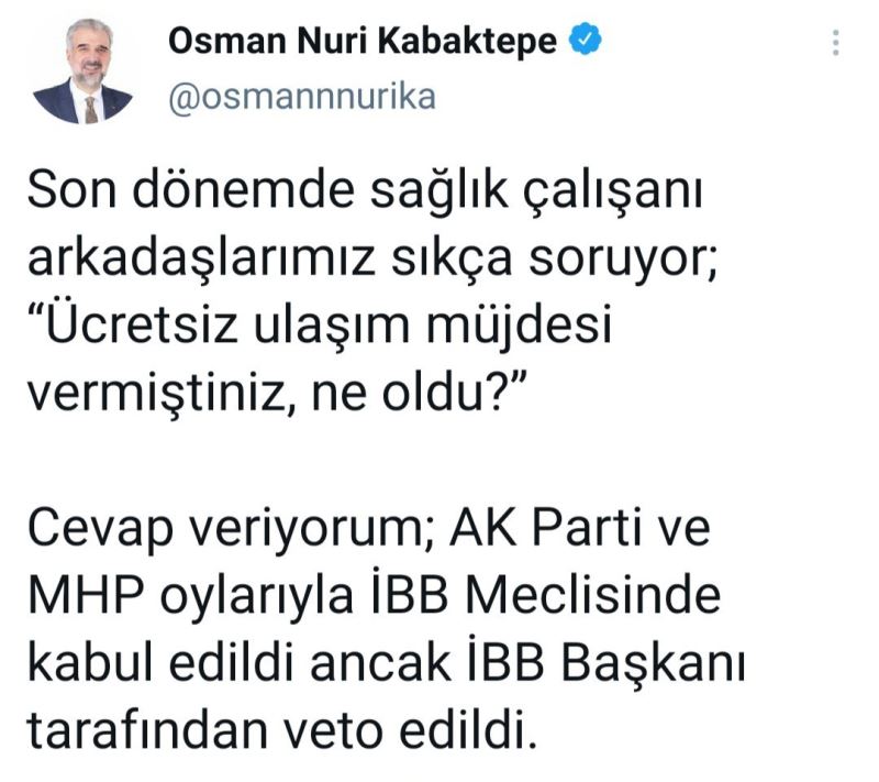 Kabaktepe’den, İstanbul Büyükşehir Belediye Başkanı İmamoğlu’nun ‘veto’ kararına ilişkin açıklama
