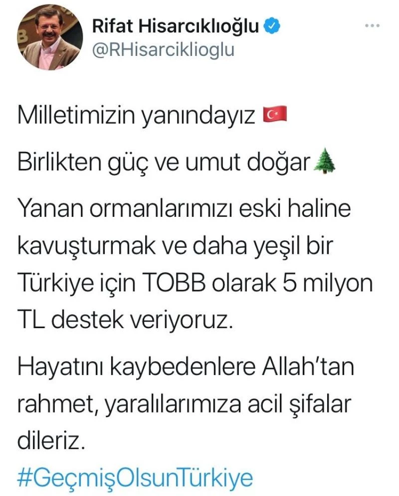 TOBB yanan ormanlar için 5 milyon TL yardımda bulunacak
