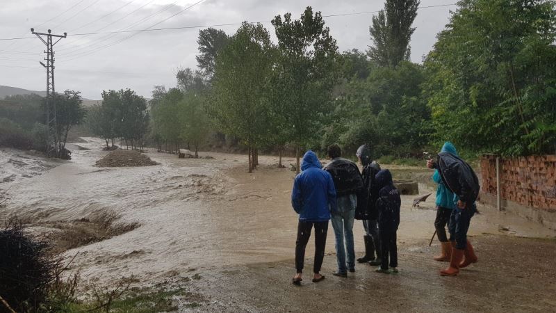 Suluova’da sağanak yağış dereyi taşırdı, köy yolu nehre döndü
