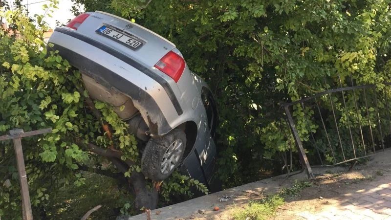 Kazada bahçeye düşen otomobil erik ağacında asılı kaldı
