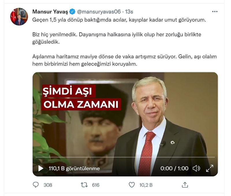 Ankara Büyükşehir Belediye Başkanı Yavaş’tan aşı çağrısı: “Aşı olmayı ihmal etmeyelim”
