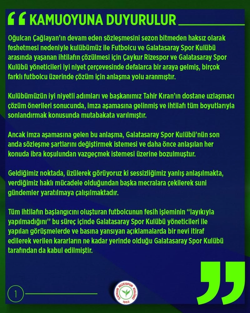 Çaykur Rizespor’dan Oğulcan Çağlayan açıklaması

