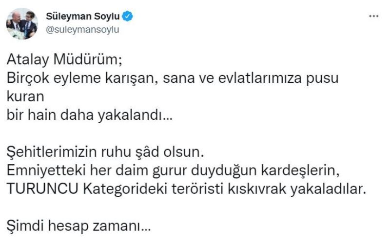 İçişleri Bakanı Soylu, turuncu kategoriden bir teröristin daha yakalandığını duyurdu
