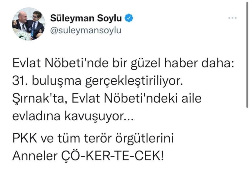 Bakan Soylu: “Şırnak’ta evlat nöbetindeki aile evladına kavuşuyor”
