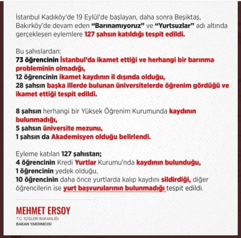 İçişleri Bakan Yardımcısı Ersoy: “Eylemlere katılan 127 kişinin neredeyse tamamının barınma sıkıntısı yok