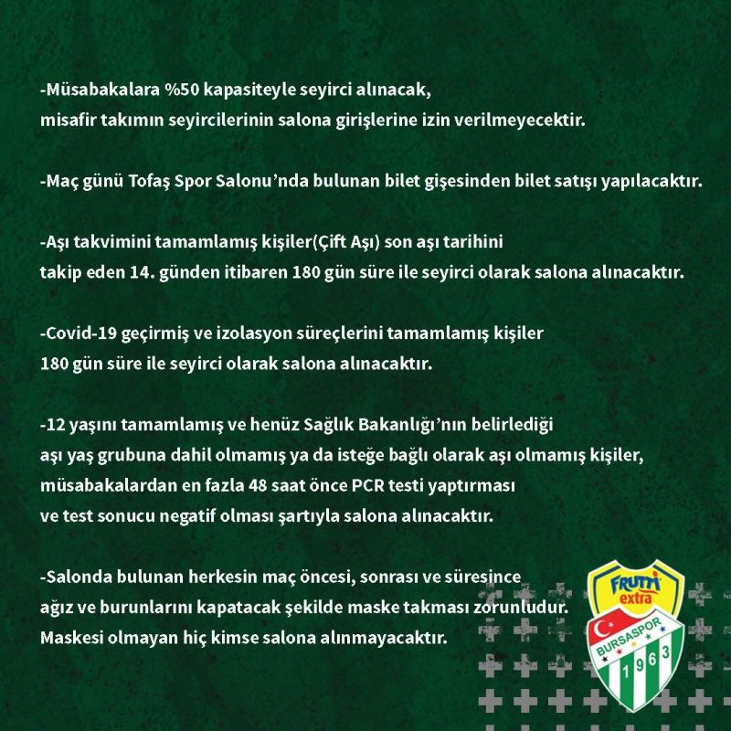 Frutti Extra Bursaspor’dan taraftarına maç öncesi bilgilendirme mesajı
