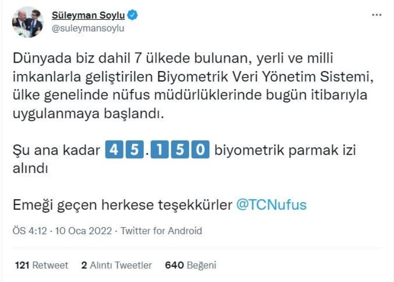 Soylu: “Biyometrik Veri Yönetim Sistemi ile 45 bin 150 biyometrik parmak izi alındı”
