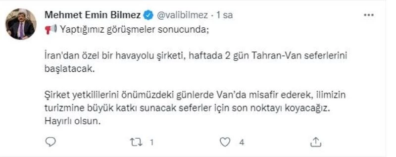 Vali Bilmez’den Van-Tahran uçak seferi girişimi
