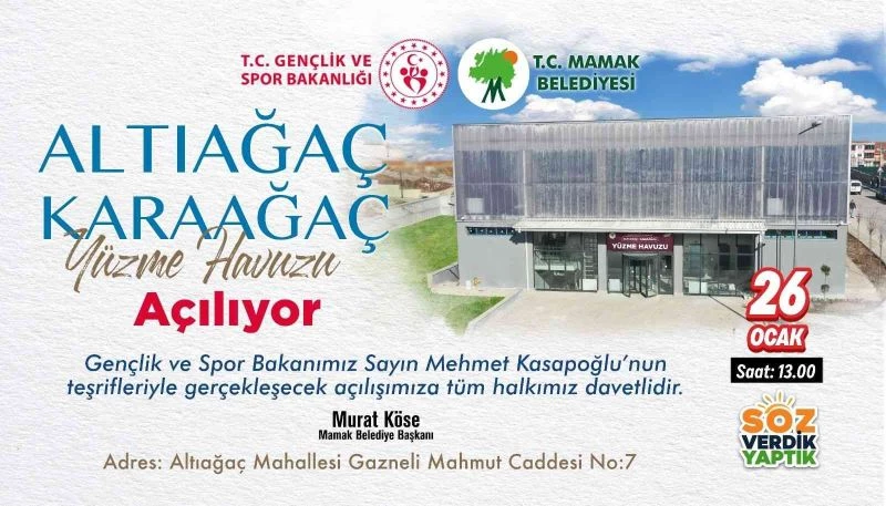 (Düzeltme) Altıağaç-Karaağaç Yüzme Havuzu’nun açılışını Bakan Kasapoğlu yapacak
