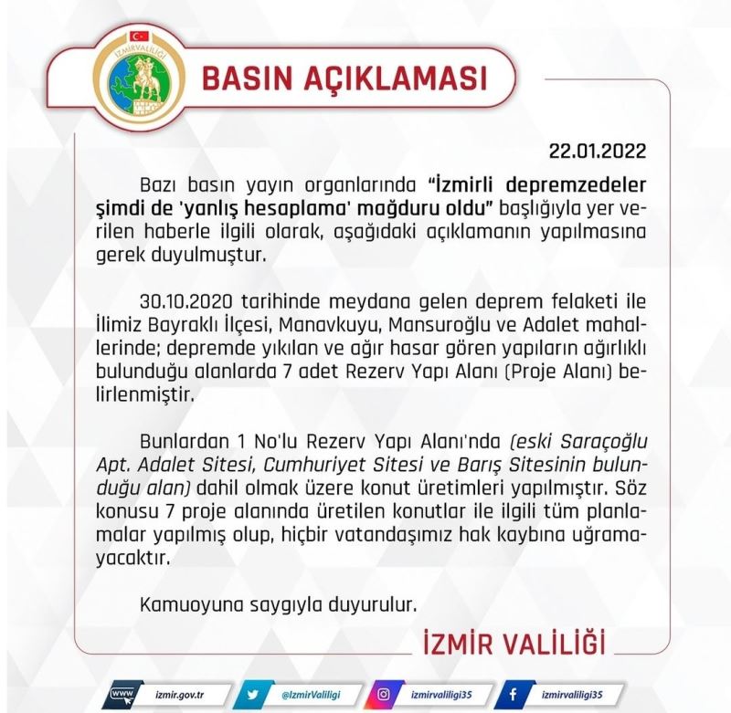 İzmir Valiliğinden depremzedeler ‘yanlış hesaplama mağduru oldu’ haberlerine ilişkin açıklama
