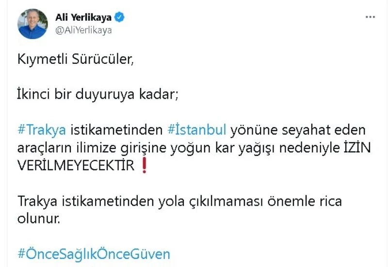 Trakya’dan İstanbul’a tüm araç girişleri durduruldu
