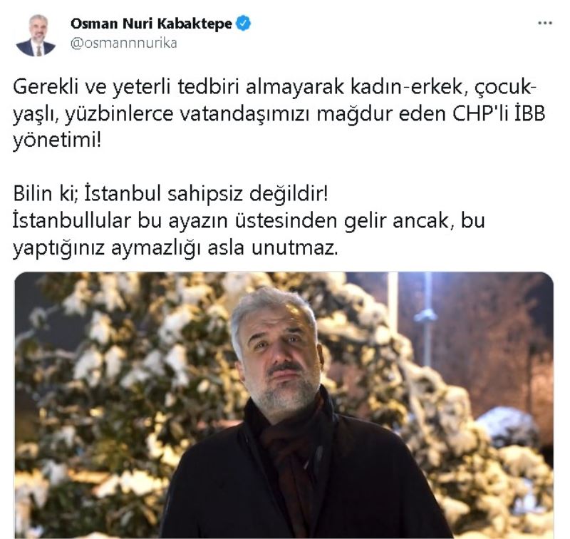 AK Parti İstanbul İl Başkanı Kabaktepe’ten İBB’ye:
