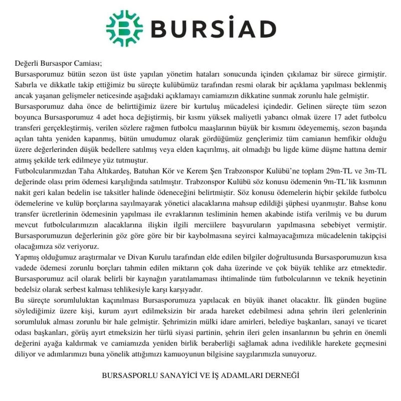 BURSİAD: “Bursasporumuza yapılacak en büyük ihanet olacaktır”
