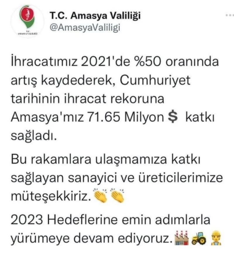 Amasya Valiliği: “İhracatımız 2021’de yüzde 50 oranında arttı”
