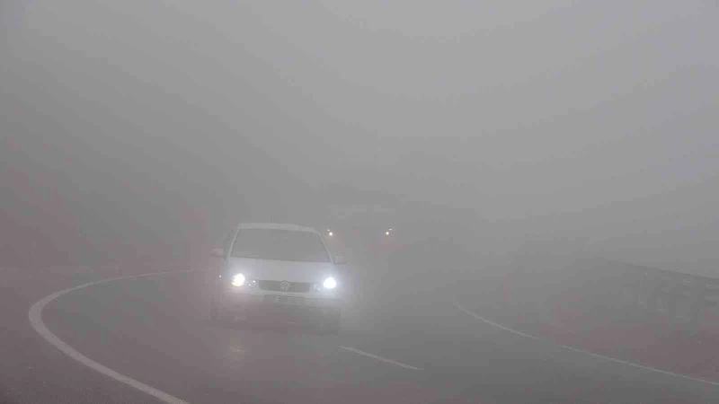 Yoğun siste karayolu adeta beyaza büründü
