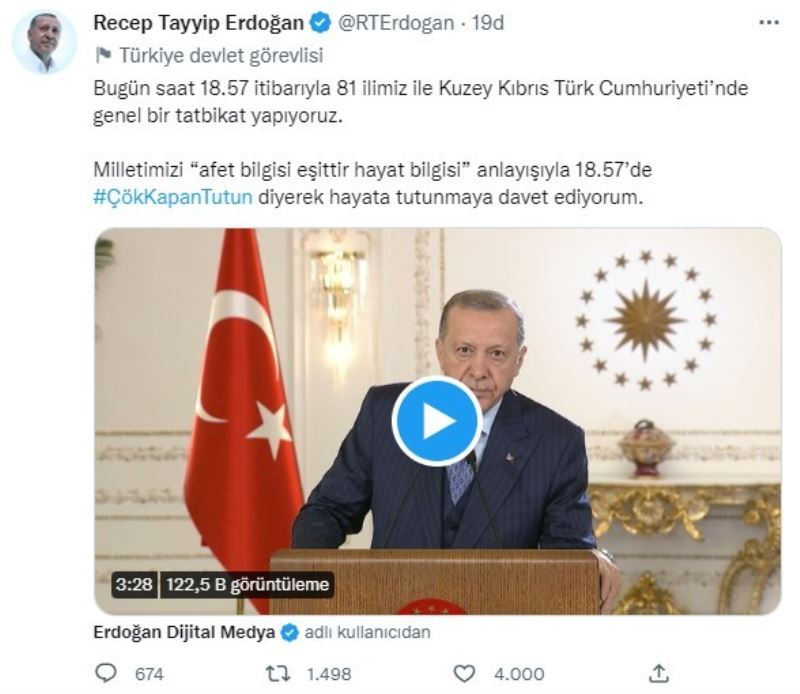 Cumhurbaşkanı Erdoğan: “Deprem tatbikatına ayıracağımız birkaç dakikayla ömrümüze ömür katacak bir deneyim kazanacağız”
