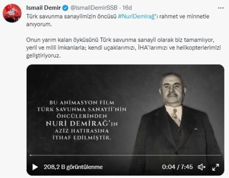 SSB Başkanı Demir’den ‘Nuri Demirağ’ paylaşımı
