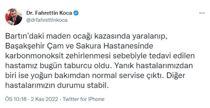 Sağlık Bakanı Koca: “Başakşehir Çam ve Sakura Hastanesi’nde tedavi edilen hastamız taburcu oldu”
