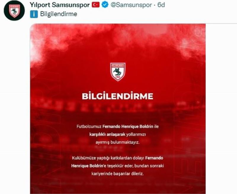 Samsunspor’da şok ayrılık: Fernando Boldrin ile yollar ayrıldı
